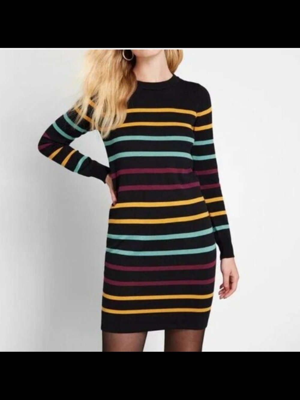 Modcloth Long-Sleeve Black Knit Dress with Colorful Stripes